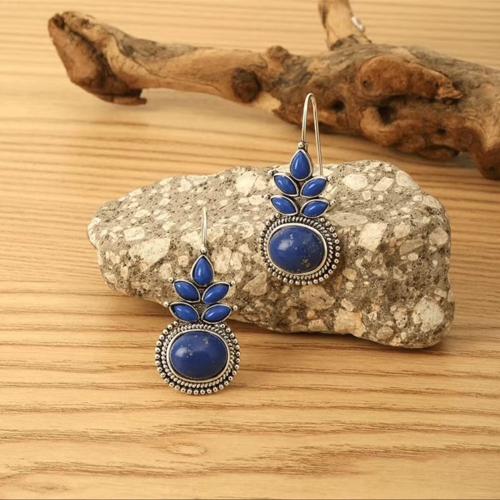 Lapis Lazuli, Healing Stone, Vintage Look Round Water Drop Boho Silver Earrings